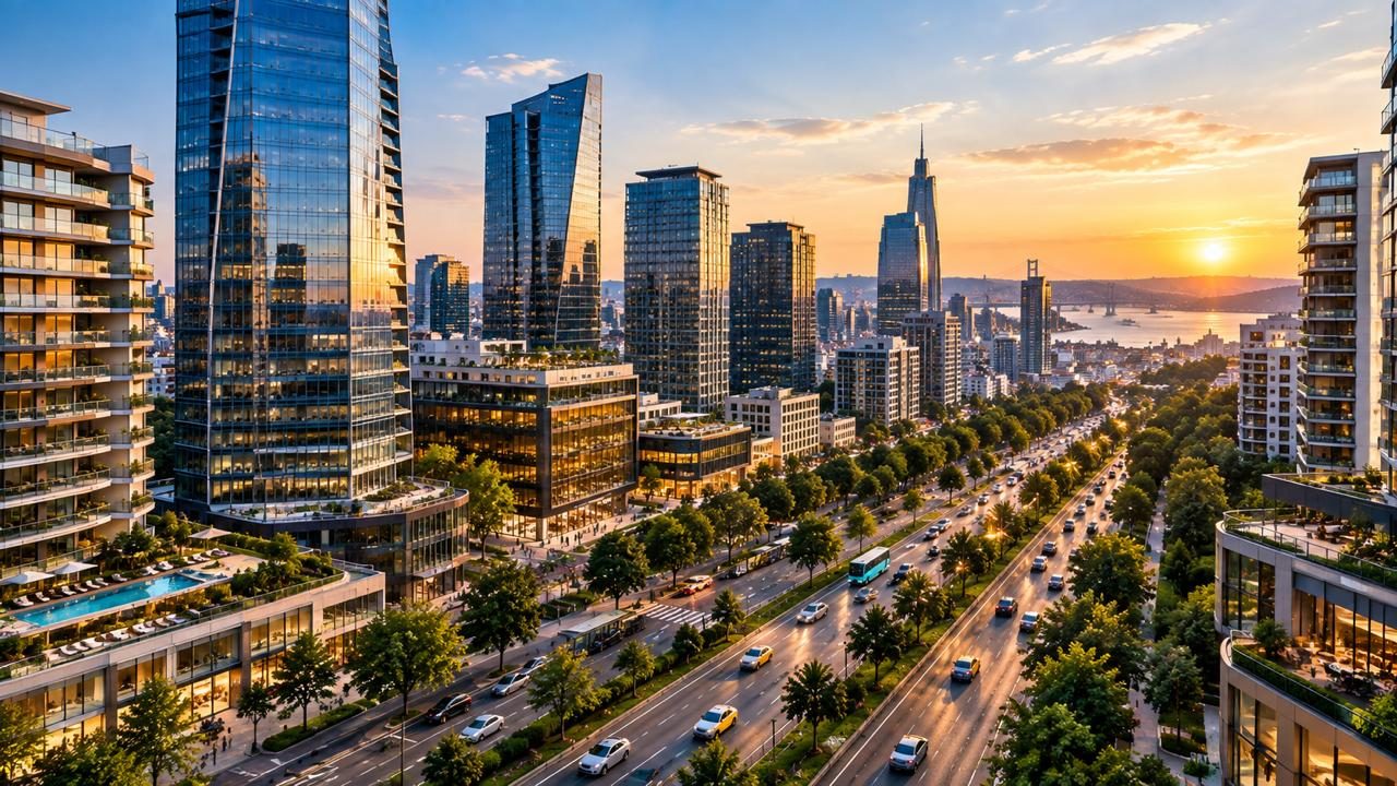 Gayrettepe ve Levent aksındaki plaza ve rezidans kuleleri, arkada İstanbul Boğazı